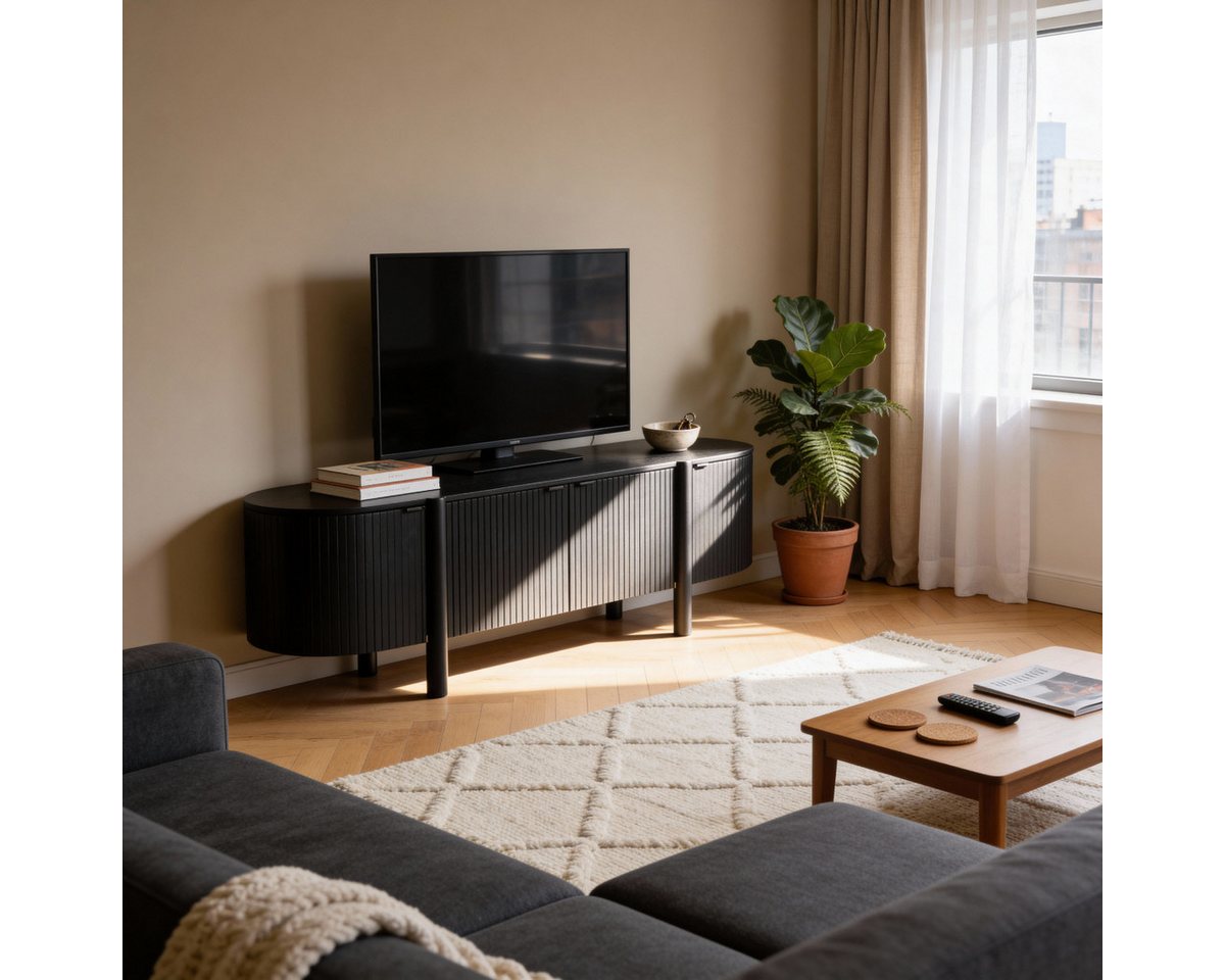 CASA DOMA Lowboard Tarifa, TV-Unterteil, Mangoholz massiv, schwarz, Lamellen-Optik, 4 Türen, Kabeldurchlässe, Stauraum, robust, pflegeleicht – Bild 5 von 5