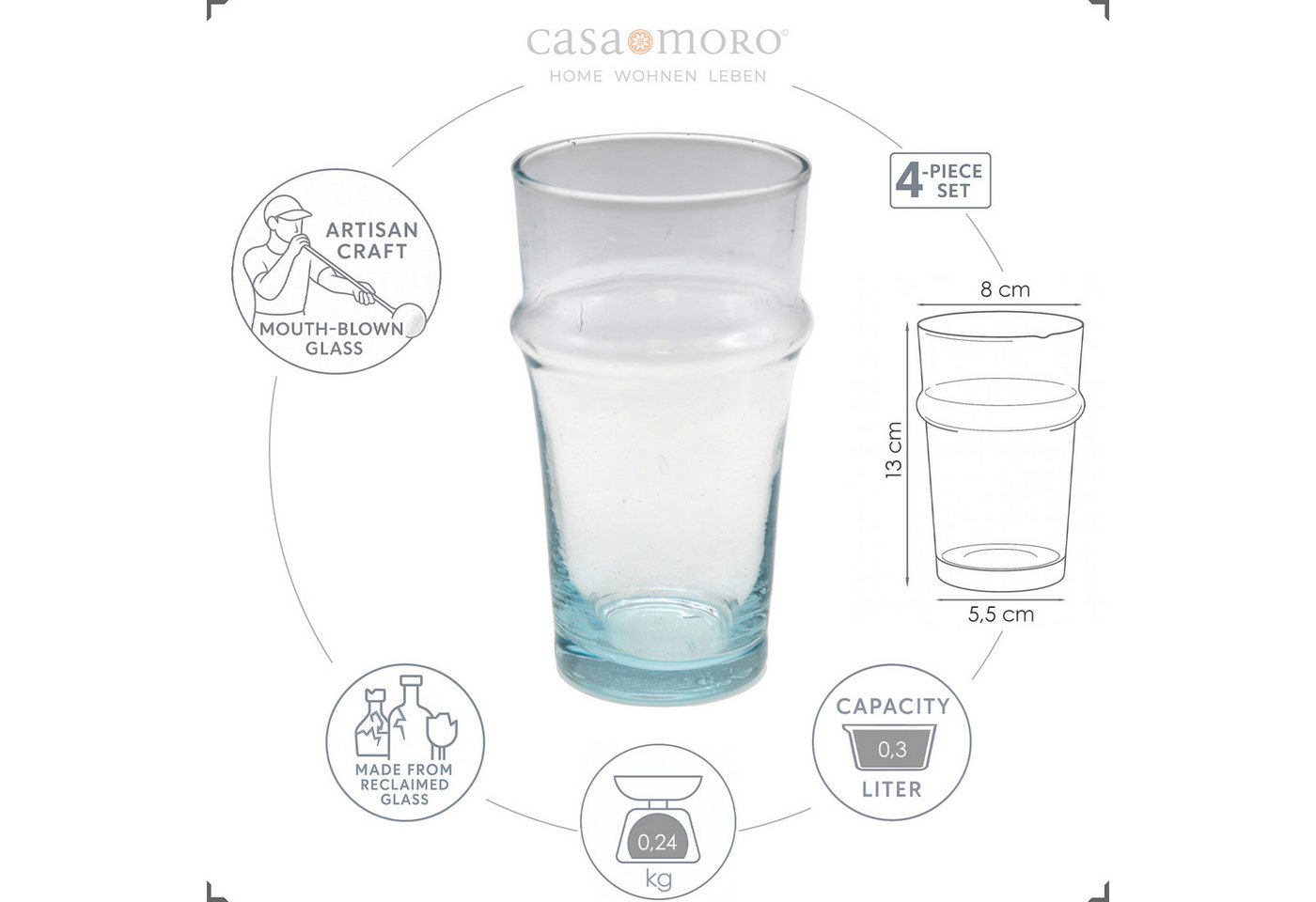 Casa Moro Gläser-Set Dessertgläser Set 4er Longdrink Cocktail Latte Macchiato Tee Gläser, 4-teilig, 300 ml je Glas, für Kalt- und Heißgetränke, mundgeblasen – Bild 2 von 5