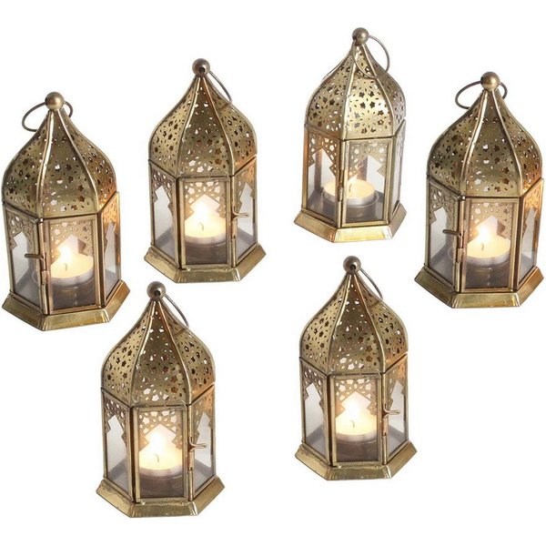 Casa Moro Windlicht Orientalische Teelichthalter Nael Transparent 6er Set (Höhe 16cm marokkanische Windlichter), Glas Laternen in Antik Gold Look wie aus 1001 N