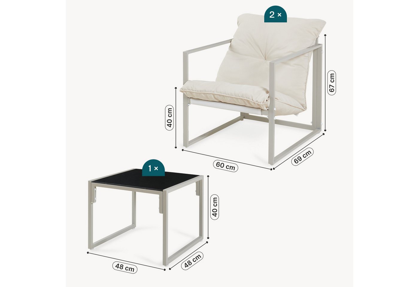 casa.pro Gartenlounge-Set, (Set, 3-tlg), »Karg« Couchtisch mit 2 Sesseln Kissen Metall Beige – Bild 4 von 5