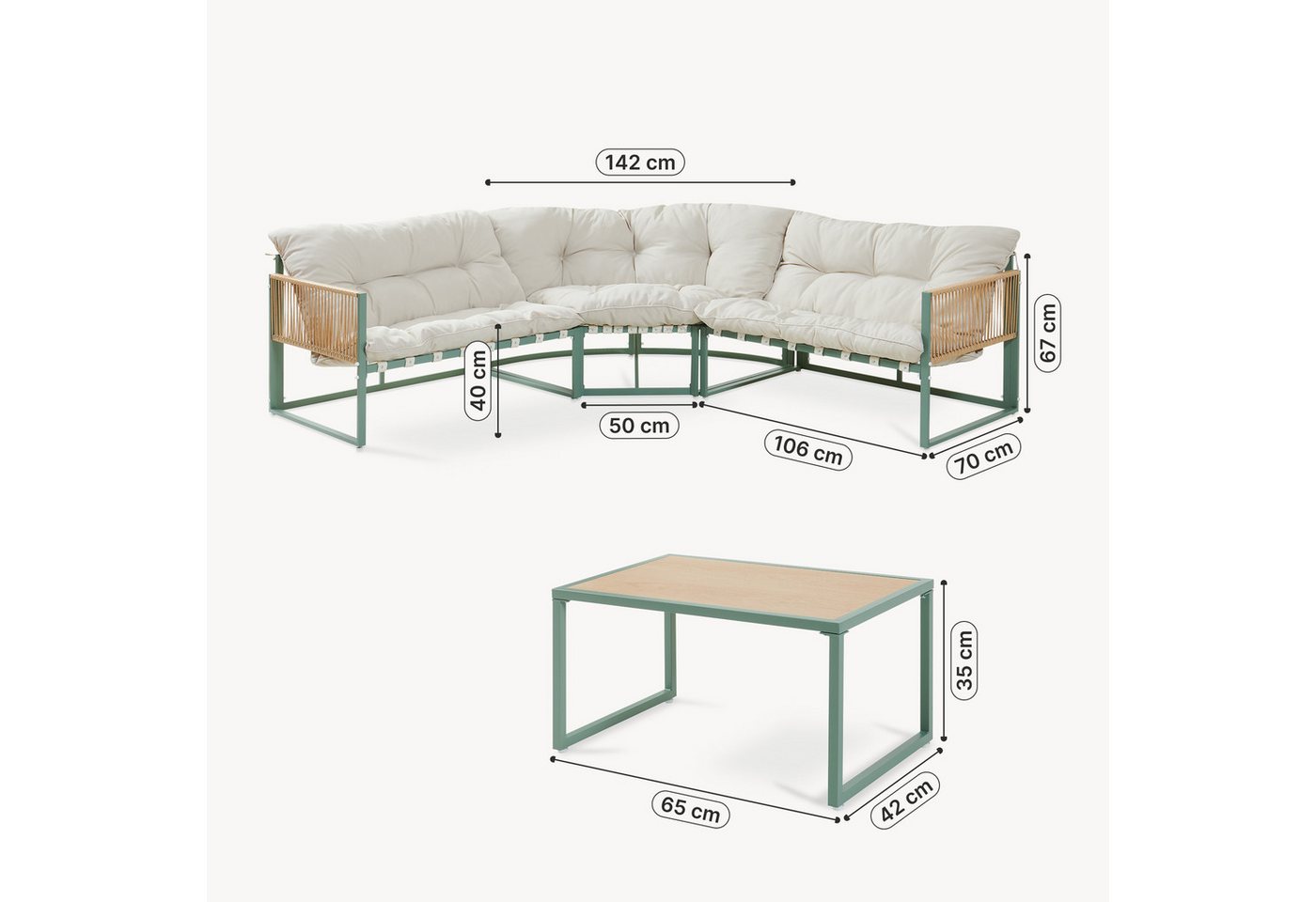 casa.pro Loungeset, (Set, 4-tlg), »Karg« Sofa mit Couchtisch Kissen Grün/Beige – Bild 4 von 5