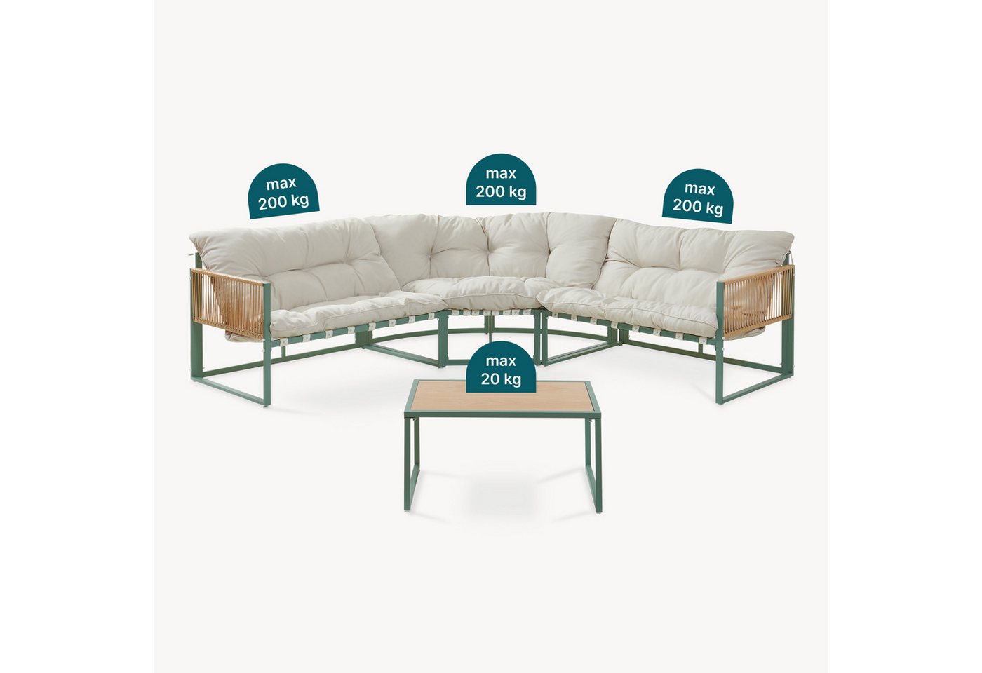 casa.pro Loungeset, (Set, 4-tlg), »Karg« Sofa mit Couchtisch Kissen Grün/Beige – Bild 5 von 5