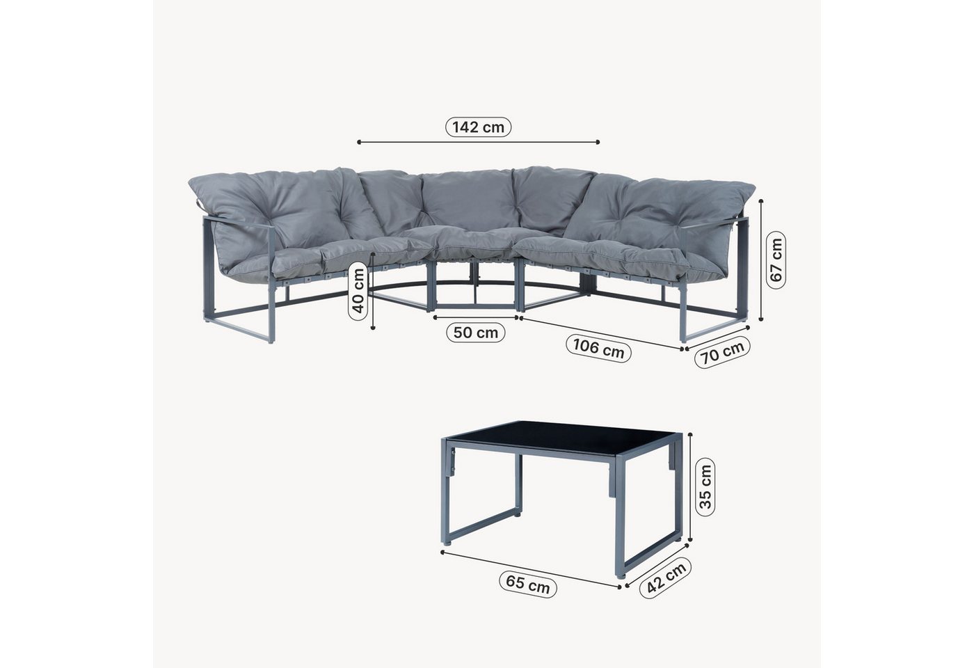 casa.pro Loungeset, (Set, 4-tlg), »Karg« Sofa mit Couchtisch Kissen Dunkelgrau – Bild 3 von 5