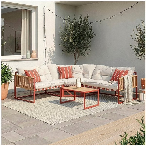 casa.pro Loungeset, (Set, 4-tlg), »Karg« Sofa mit Couchtisch Kissen Rot/Beige