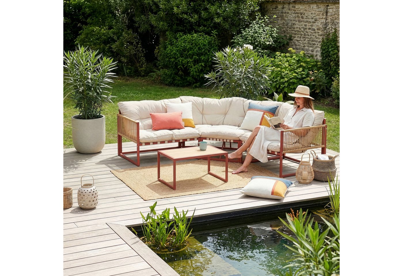 casa.pro Loungeset, (Set, 4-tlg), »Karg« Sofa mit Couchtisch Kissen Rot/Beige – Bild 2 von 5