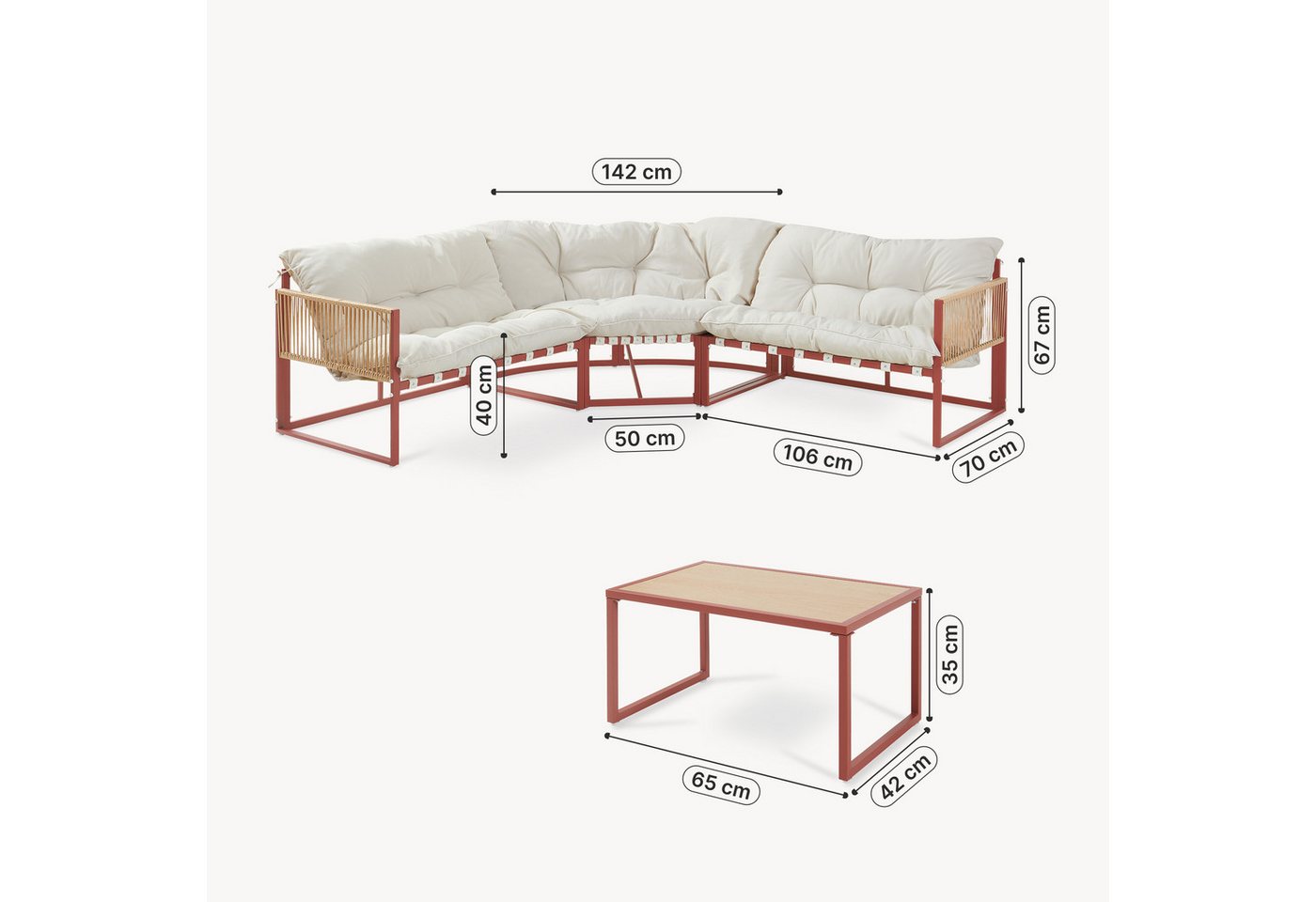 casa.pro Loungeset, (Set, 4-tlg), »Karg« Sofa mit Couchtisch Kissen Rot/Beige – Bild 4 von 5