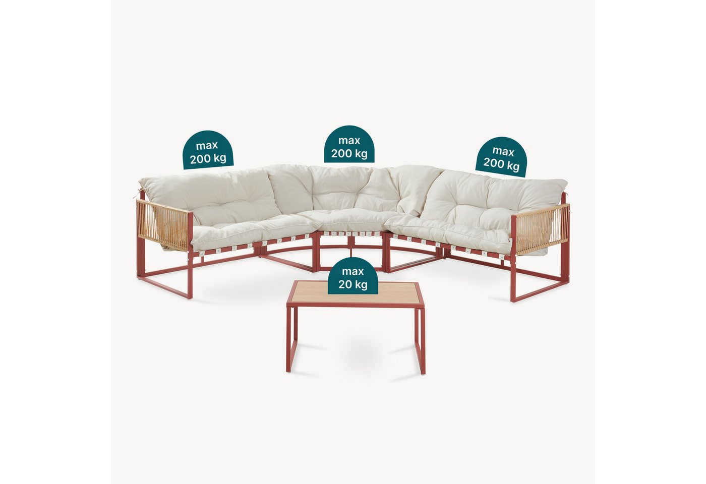 casa.pro Loungeset, (Set, 4-tlg), »Karg« Sofa mit Couchtisch Kissen Rot/Beige – Bild 5 von 5