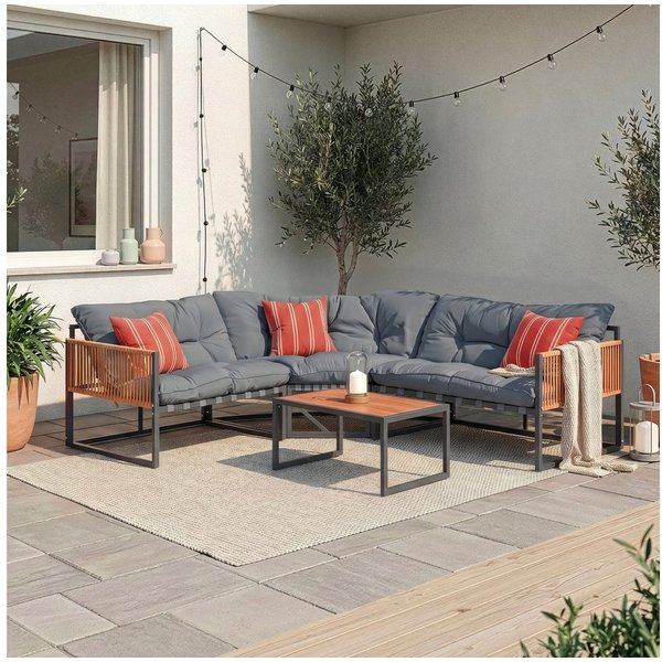 casa.pro Loungeset, (Set, 4-tlg), »Karg« Sofa mit Couchtisch Kissen Dunkelgrau/Rattanoptik