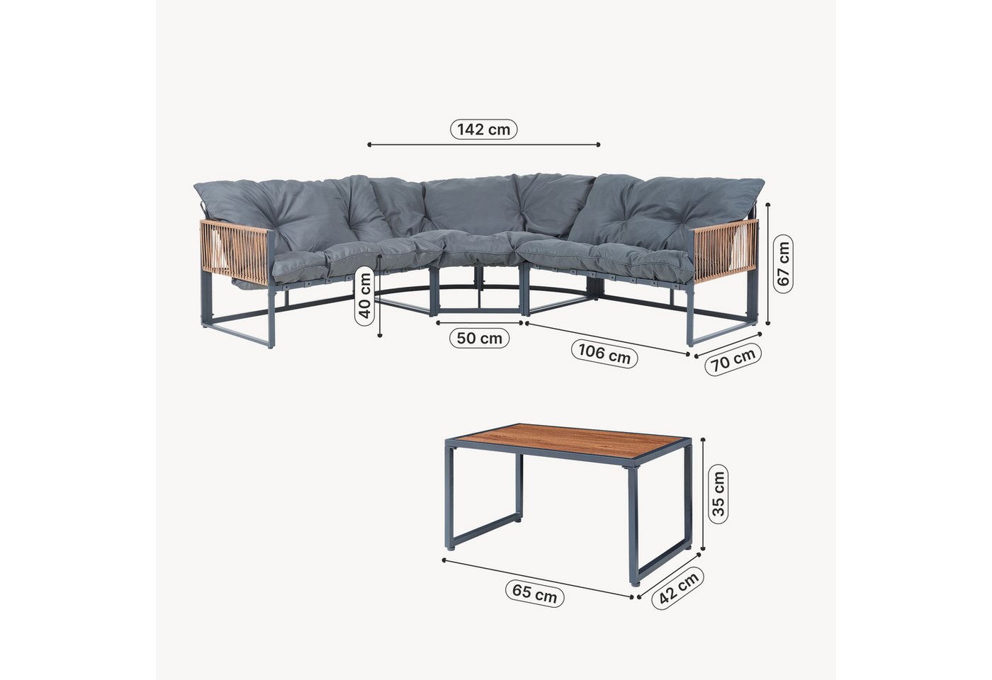 casa.pro Loungeset, (Set, 4-tlg), »Karg« Sofa mit Couchtisch Kissen Dunkelgrau/Rattanoptik – Bild 3 von 5