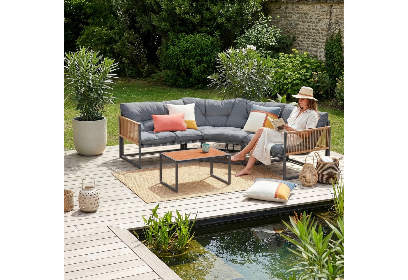 casa.pro Loungeset, (Set, 4-tlg), »Karg« Sofa mit Couchtisch Kissen Dunkelgrau/Rattanoptik – Bild 4 von 5