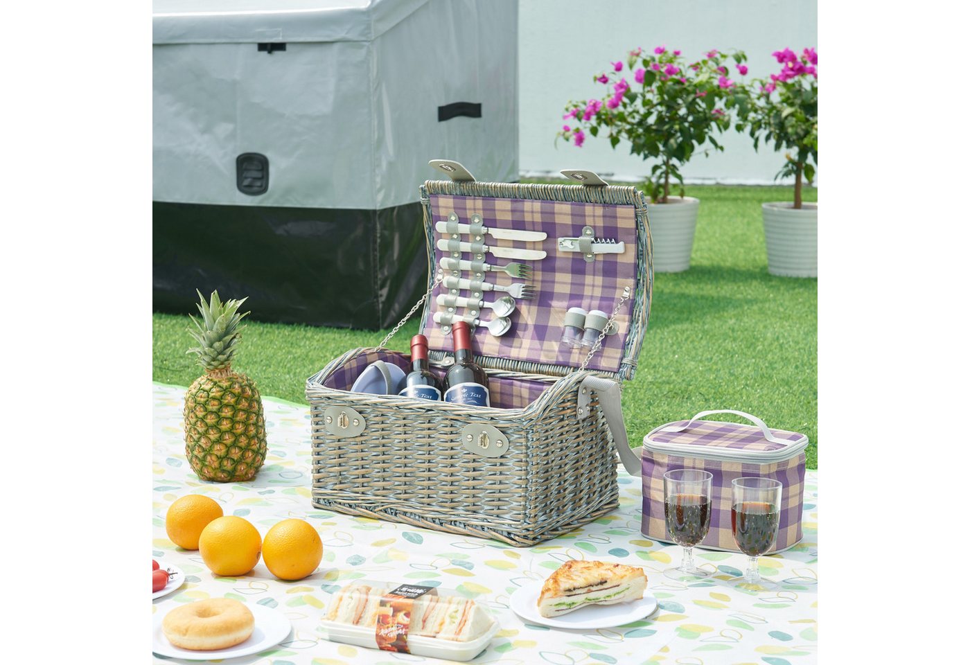 casa.pro Picknickkorb (Komplett-Set), »Folldal« mit Isoliertasche für 2 Personen 40x28x25 cm Lila / Beige – Bild 2 von 5