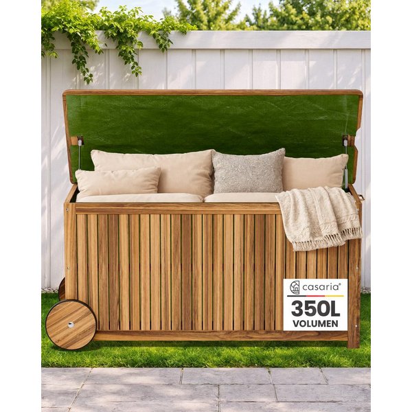 Casaria Auflagenbox, Holz 350L Deckel 160kg belastbar Räder Griff Innenplane Garten Akazie