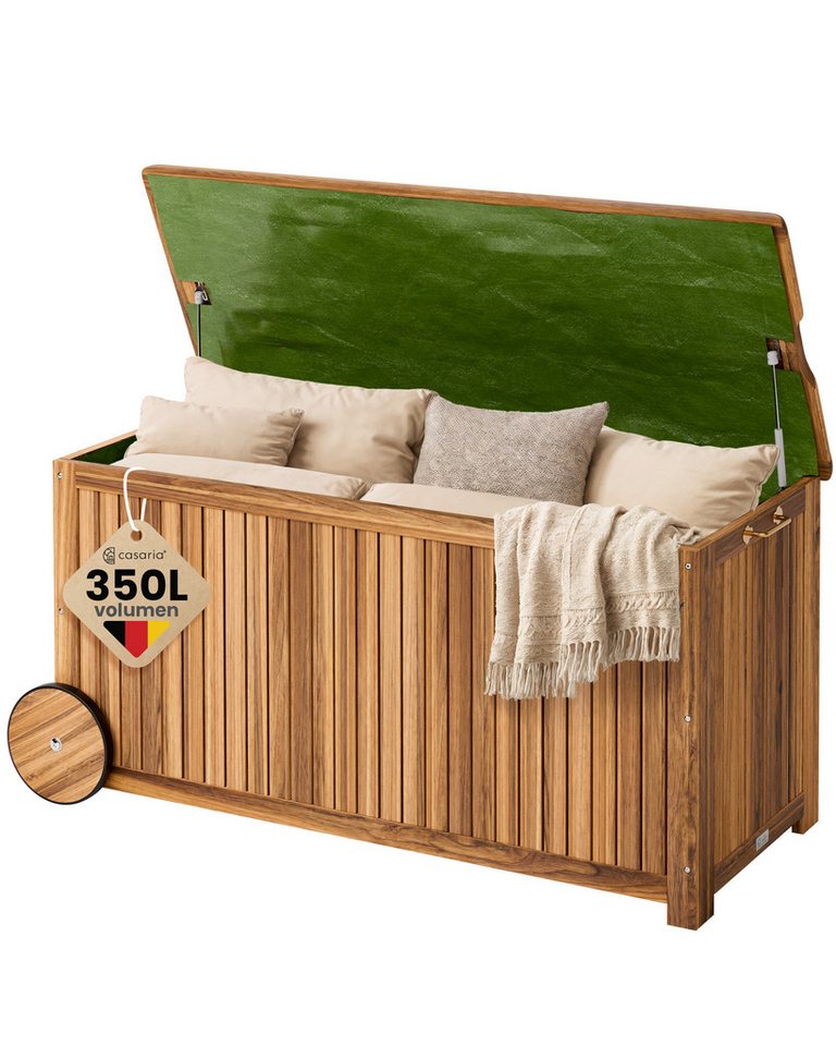 Casaria Auflagenbox, Holz 350L Deckel 160kg belastbar Räder Griff Innenplane Garten Akazie – Bild 2 von 5