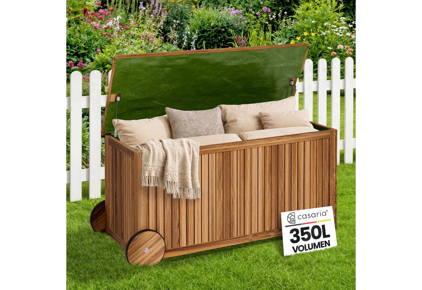 Casaria Auflagenbox, Holz 350L Deckel 160kg belastbar Räder Griff Innenplane Garten Akazie – Bild 3 von 5