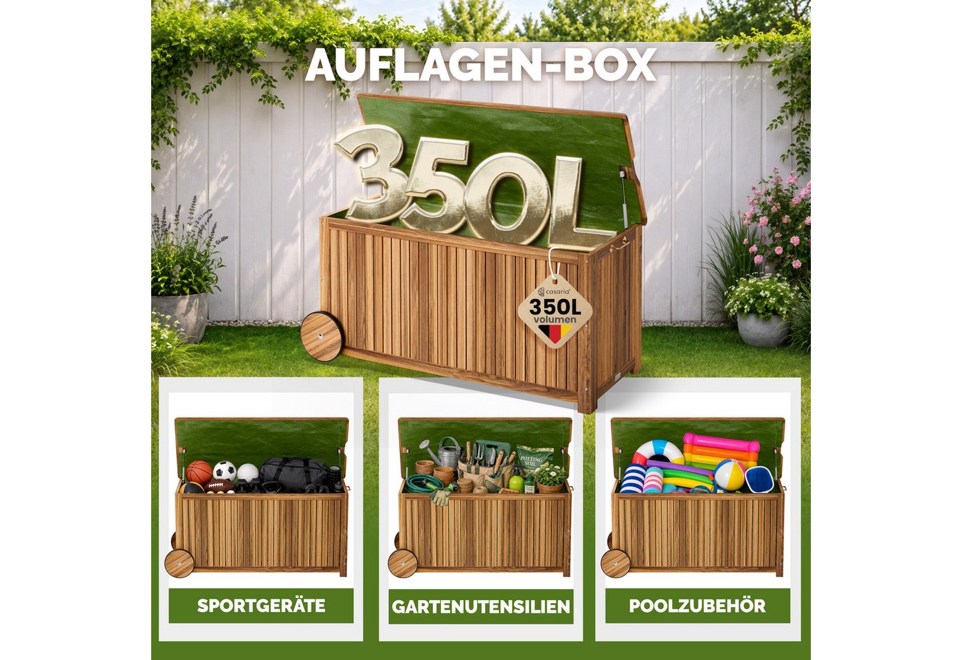 Casaria Auflagenbox, Holz 350L Deckel 160kg belastbar Räder Griff Innenplane Garten Akazie – Bild 4 von 5