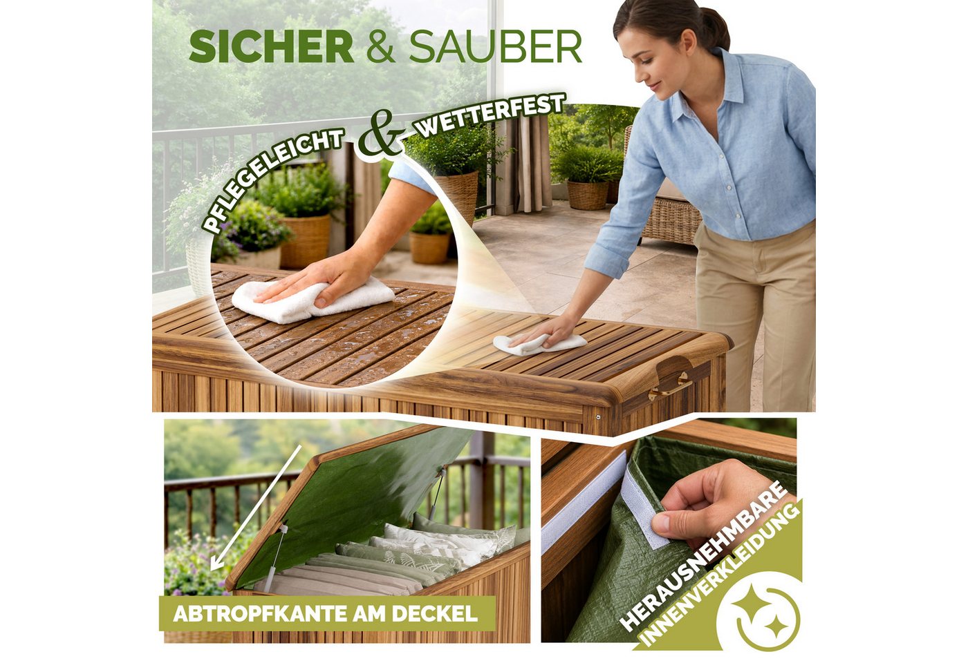 Casaria Auflagenbox, Holz 350L Deckel 160kg belastbar Räder Griff Innenplane Garten Akazie – Bild 5 von 5