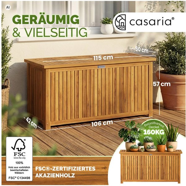 Casaria Auflagenbox, Gartenbox Akazienholz 115x50x59cm mit Innenplane wetterfest 205L