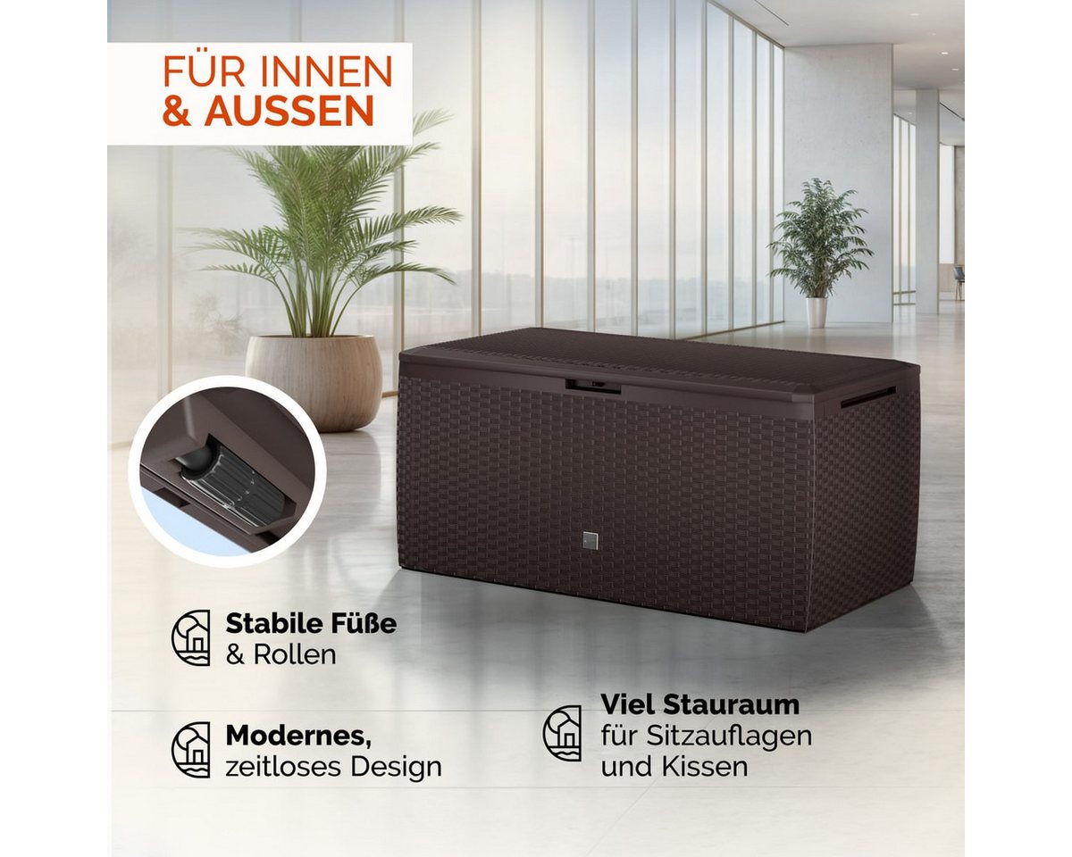 Casaria Auflagenbox Rato Plus, abschließbar Braun 290L Rollen Balkon 114x47cm Korbgeflecht – Bild 4 von 5