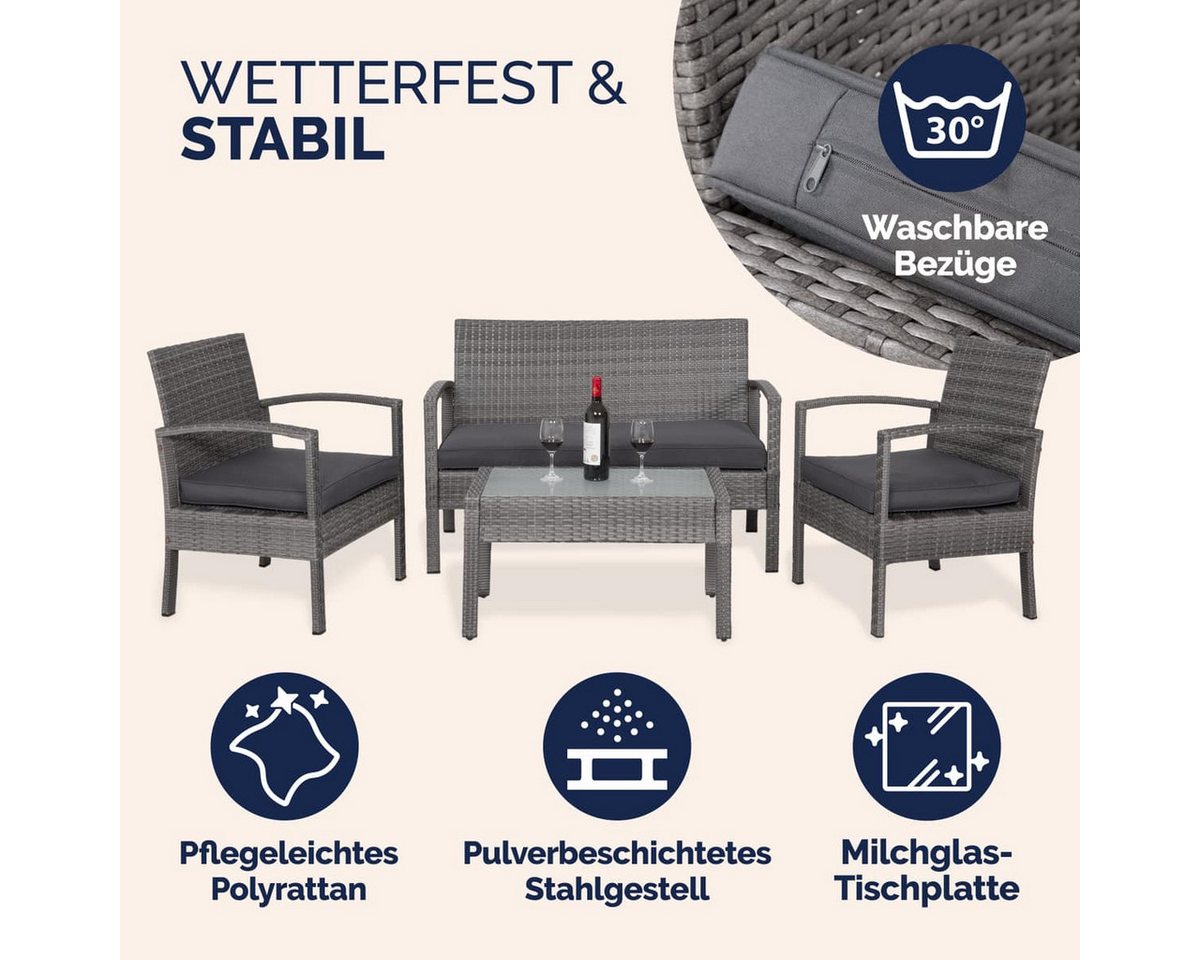 Casaria Balkonset, 4 Personen Wetterfest 7 teilig Polyrattan 2x Sessel Gartenbank Tisch – Bild 2 von 5