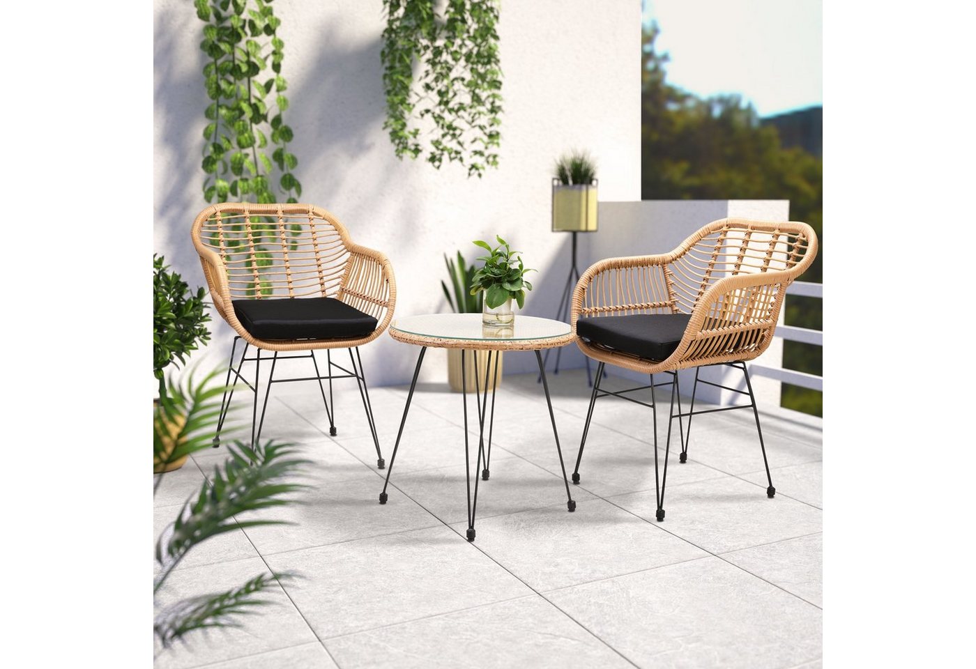 Casaria Balkonset Bali, (3-tlg), Rattan-Optik 5cm Auflagen Wetterfest Sicherheitsglas Höhenverstellbar – Bild 2 von 5