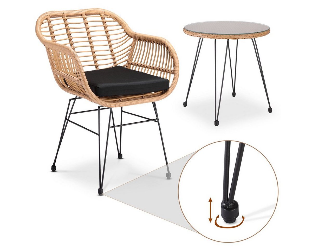Casaria Balkonset Bali, (3-tlg), Rattan-Optik 5cm Auflagen Wetterfest Sicherheitsglas Höhenverstellbar – Bild 4 von 5
