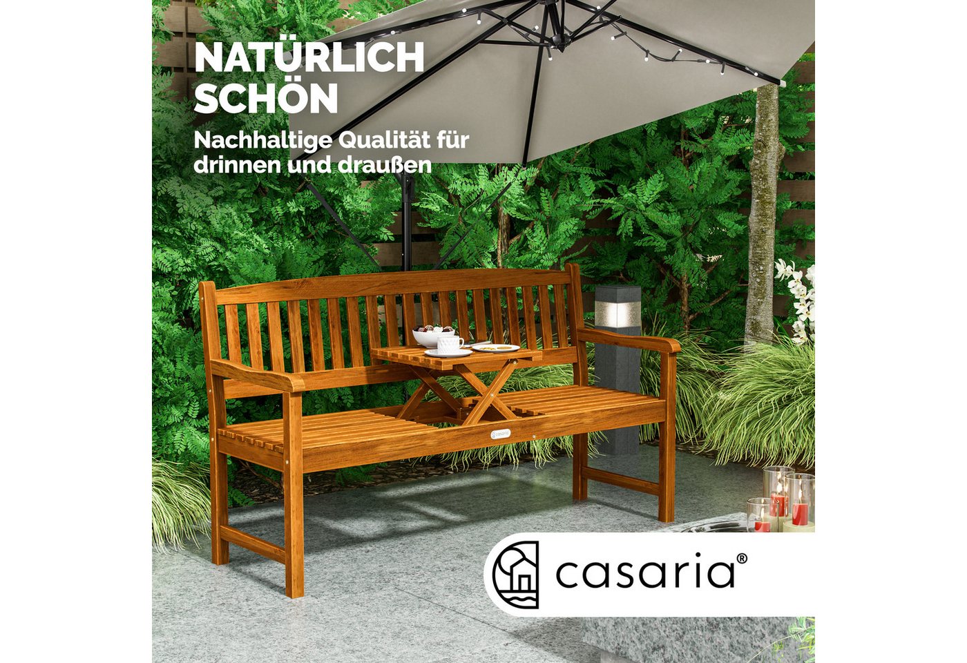 Casaria Bank Picknick, Wetterfest Holz FSC® 480kg Belastbar Garten Holzbank Eukalyptus – Bild 2 von 5