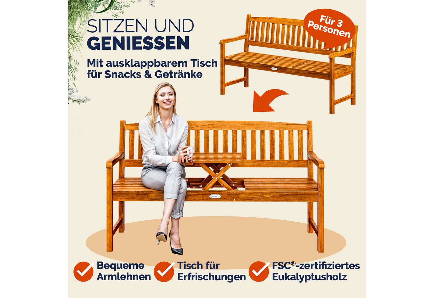 Casaria Bank Picknick, Wetterfest Holz FSC® 480kg Belastbar Garten Holzbank Eukalyptus – Bild 3 von 5