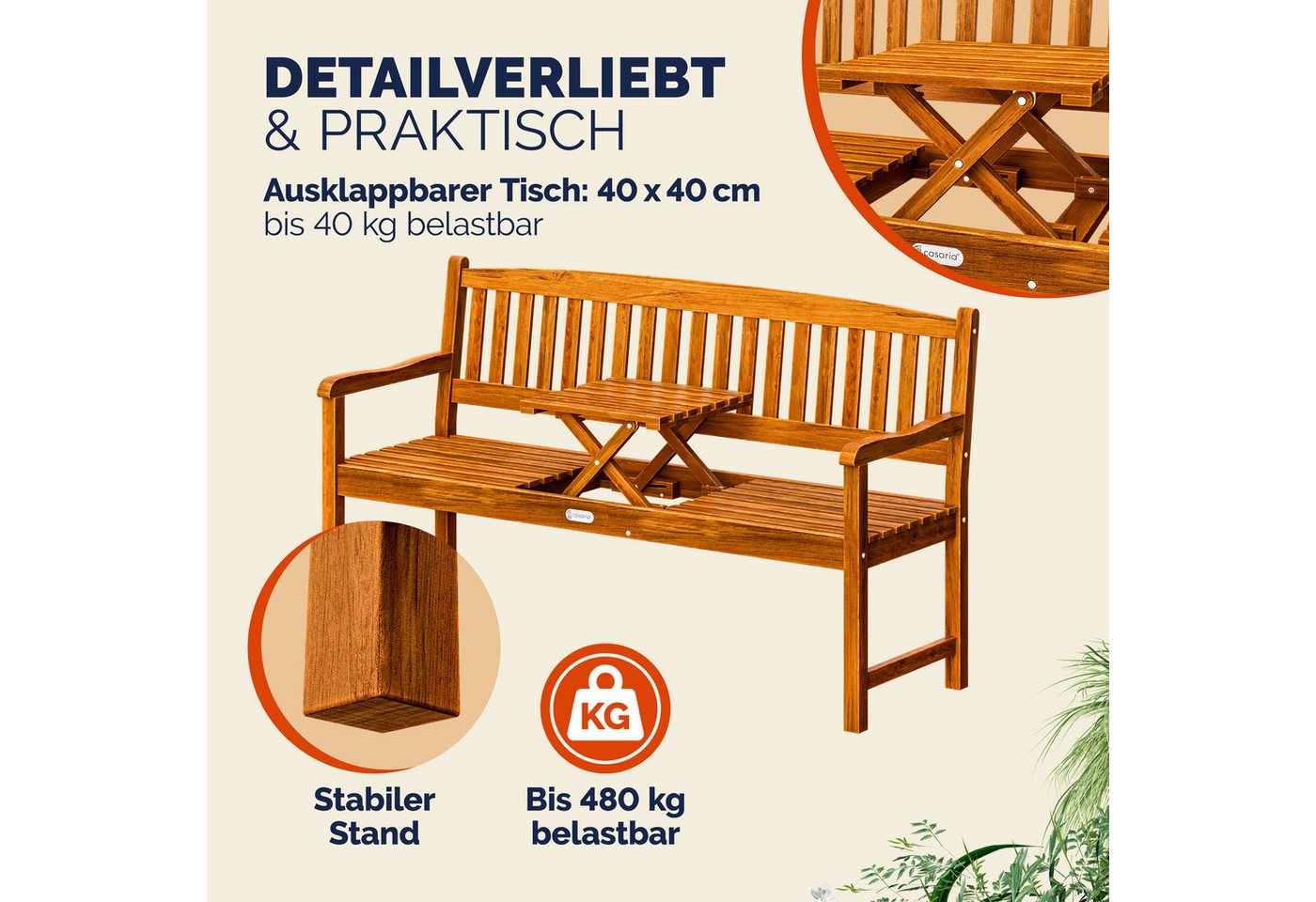 Casaria Bank Picknick, Wetterfest Holz FSC® 480kg Belastbar Garten Holzbank Eukalyptus – Bild 5 von 5