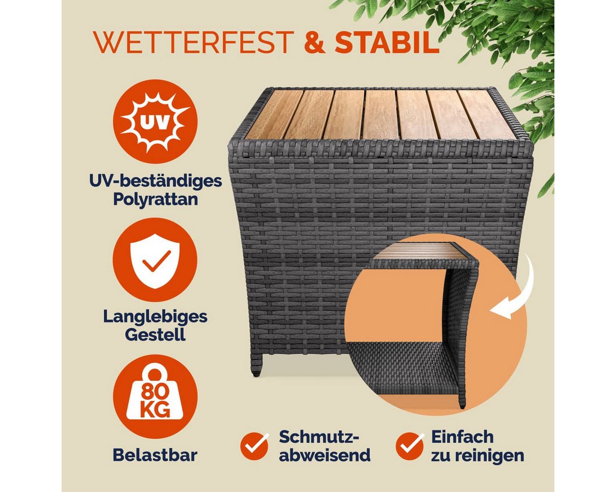 Casaria Beistelltisch, Polyrattan Akazienholz 45x45x40cm Wetterfest 80kg Belastbarkeit Garten – Bild 2 von 5