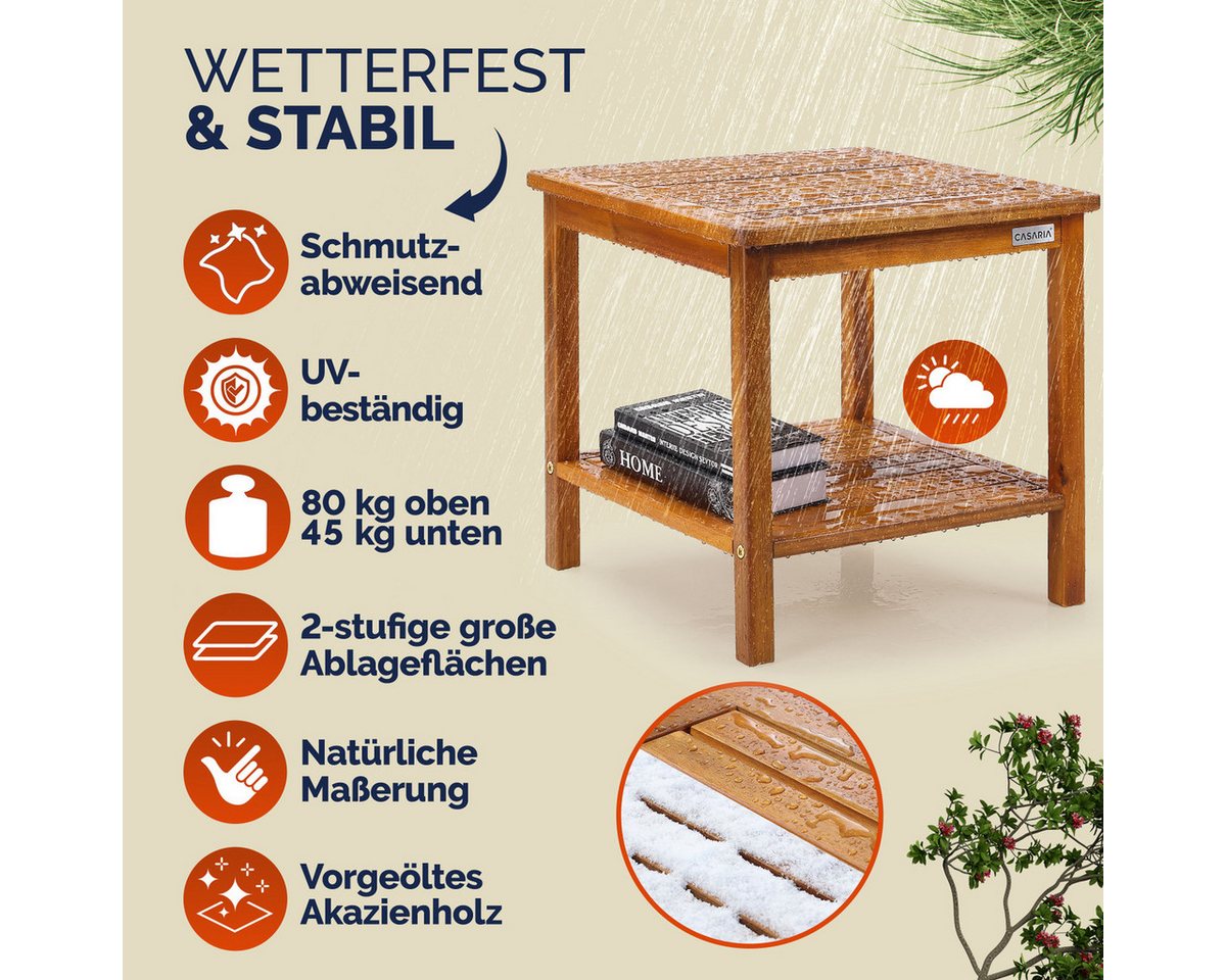 Casaria Beistelltisch Washington (1-St), Holz wetterfest FSC® zertifiziert 2 Ablagen 45x45cm Balkon Akazie – Bild 2 von 5