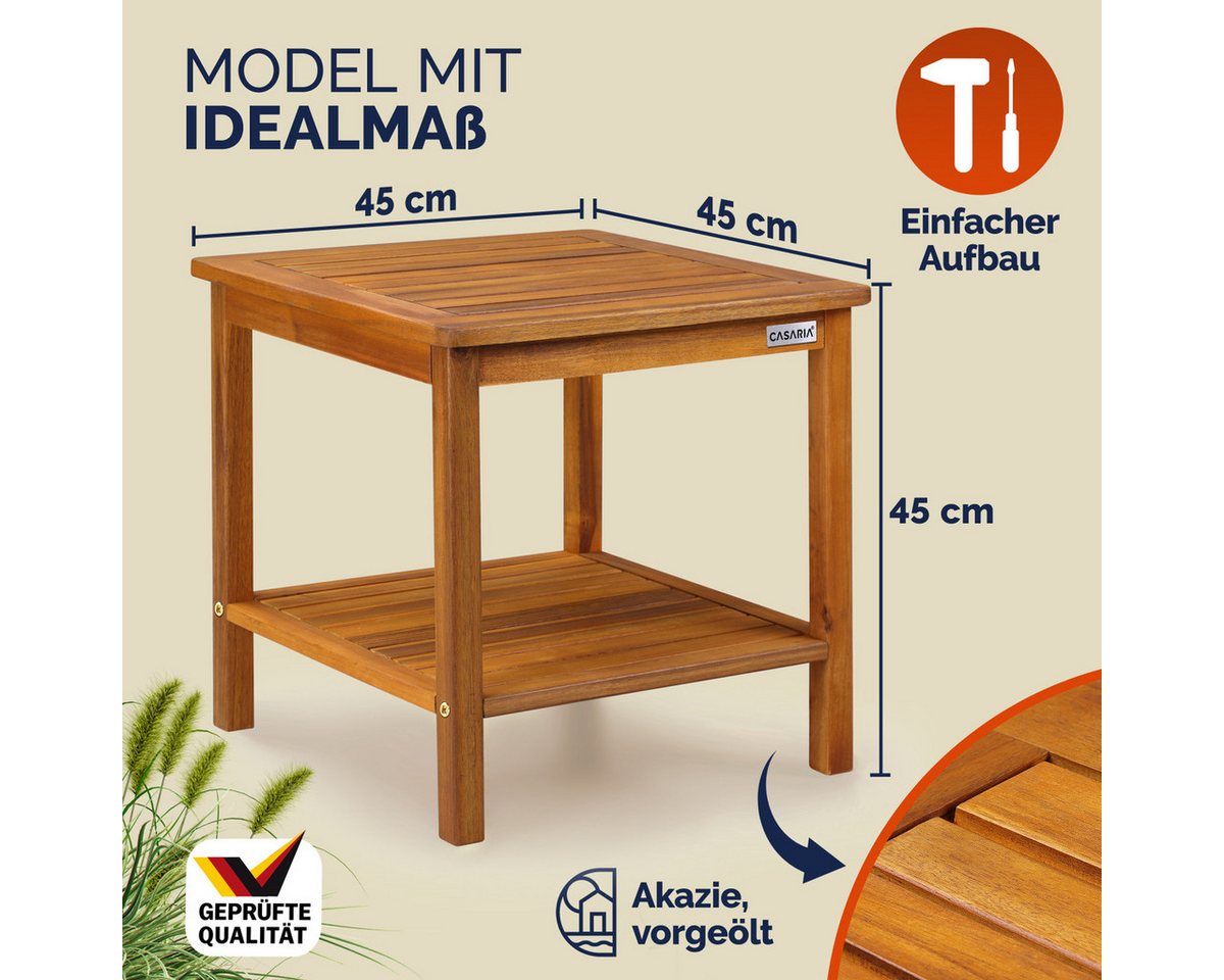 Casaria Beistelltisch Washington (1-St), Holz wetterfest FSC® zertifiziert 2 Ablagen 45x45cm Balkon Akazie – Bild 4 von 5