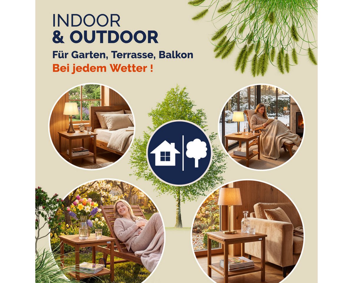 Casaria Beistelltisch Washington (1-St), Holz wetterfest FSC® zertifiziert 2 Ablagen 45x45cm Balkon Akazie – Bild 5 von 5