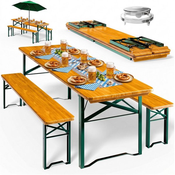 Casaria Bierzeltgarnitur, (3-tlg), 170cm Klappbar Stabil 3 Teilig 2x Bierbank 1x Breiter Tisch Holz