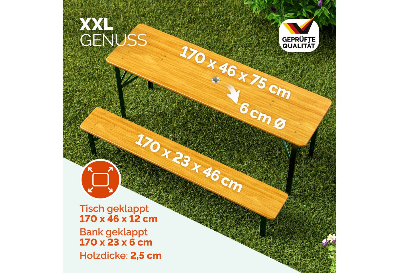 Casaria Bierzeltgarnitur, (3-tlg), 170cm Klappbar Stabil 3 Teilig 2x Bierbank 1x Breiter Tisch Holz – Bild 2 von 5
