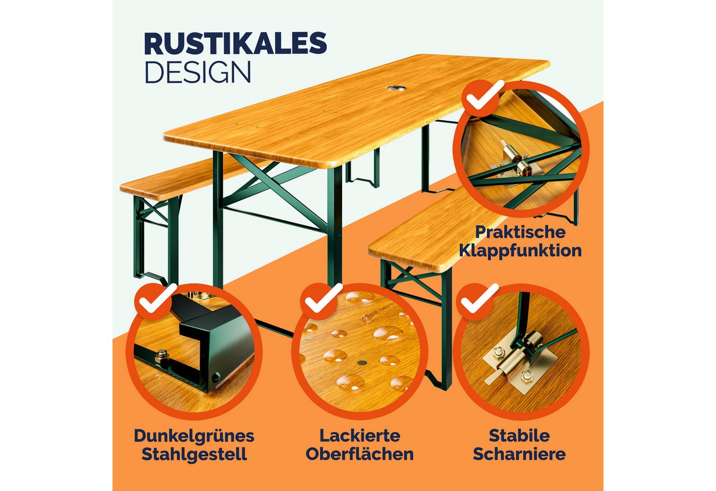 Casaria Bierzeltgarnitur, (3-tlg), 170cm Klappbar Stabil 3 Teilig 2x Bierbank 1x Breiter Tisch Holz – Bild 3 von 5