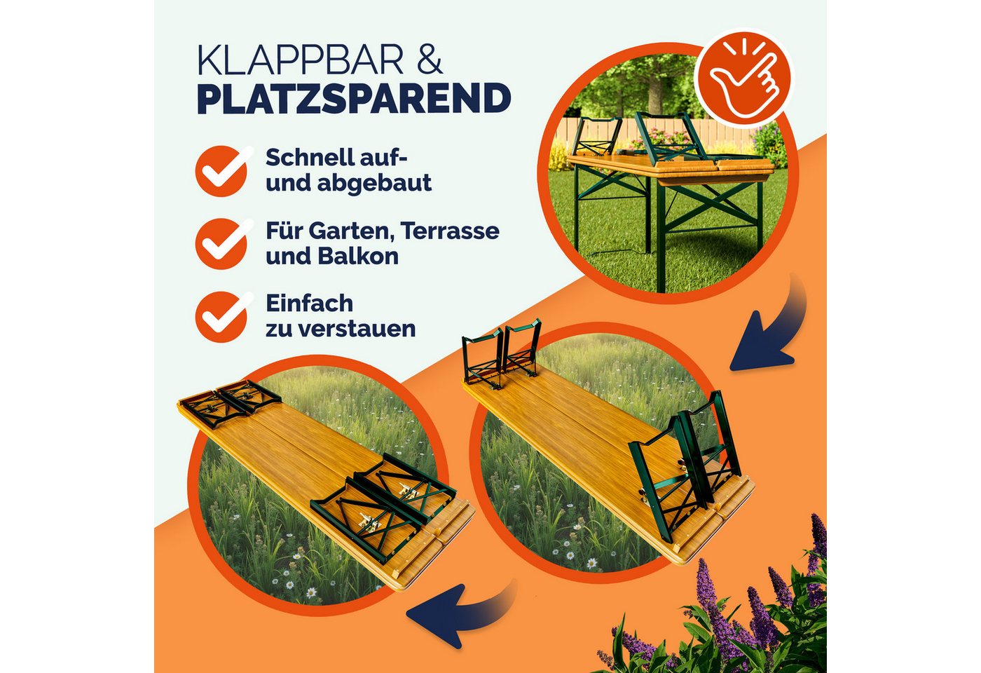 Casaria Bierzeltgarnitur, (3-tlg), 170cm Klappbar Stabil 3 Teilig 2x Bierbank 1x Breiter Tisch Holz – Bild 5 von 5