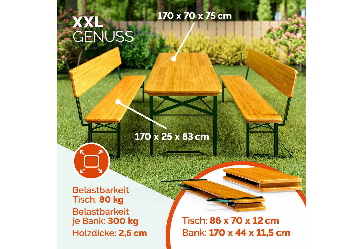 Casaria Bierzeltgarnitur, (3-tlg), mit Lehne 170 cm Klappbar Stabil 2x Bierbank 1x Breiter Tisch Holz – Bild 2 von 5