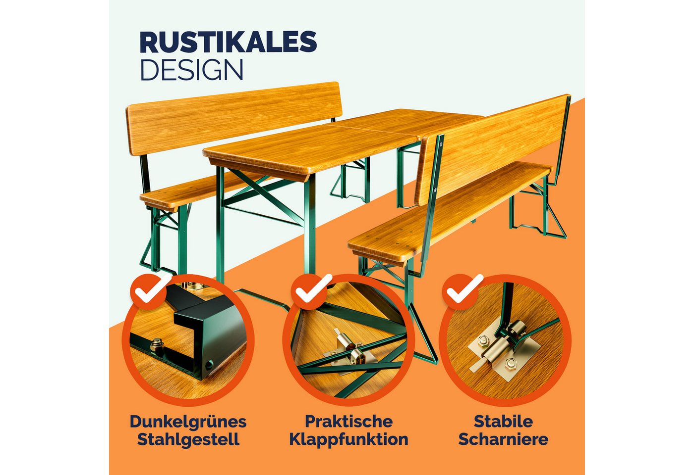 Casaria Bierzeltgarnitur, (3-tlg), mit Lehne 170 cm Klappbar Stabil 2x Bierbank 1x Breiter Tisch Holz – Bild 4 von 5
