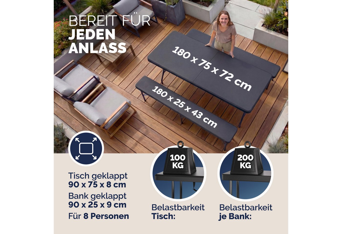Casaria Bierzeltgarnitur, Klappbar Kunststoff 180cm Biertischgarnitur Festzeltgarnitur Camping – Bild 2 von 5