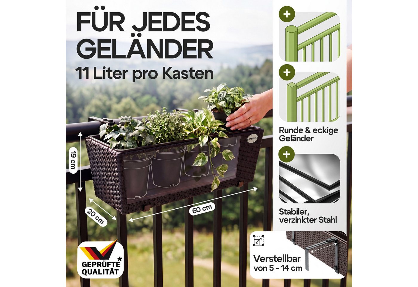 Casaria Blumenkasten, 2er Set 11 Liter Montagehalterung indoor outdoor Geländerkasten – Bild 3 von 5