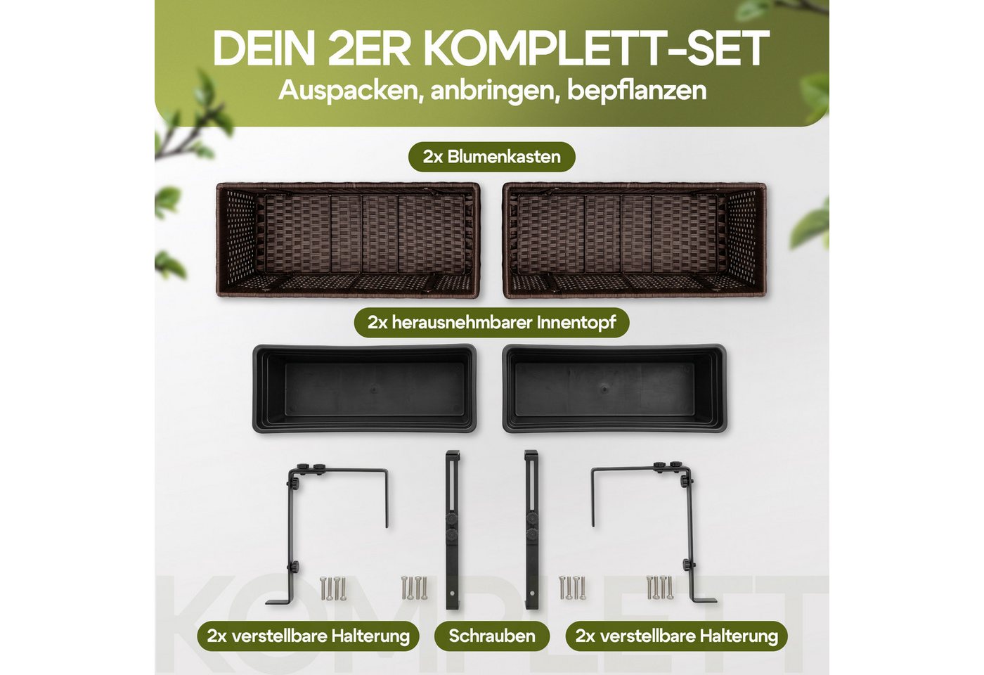 Casaria Blumenkasten, 2er Set 11 Liter Montagehalterung indoor outdoor Geländerkasten – Bild 4 von 5