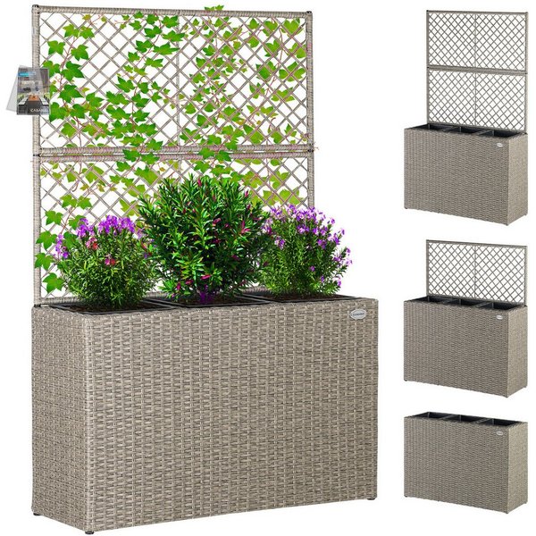 Casaria Blumenkasten, Blumenkasten Rankgitter 3 Innentöpfe Polyrattangeflecht Rankhilfe