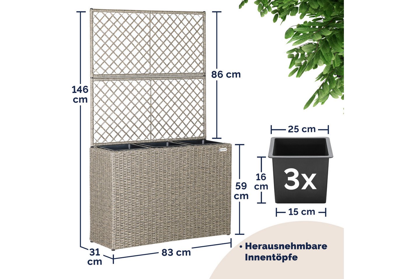 Casaria Blumenkasten, Blumenkasten Rankgitter 3 Innentöpfe Polyrattangeflecht Rankhilfe – Bild 3 von 5