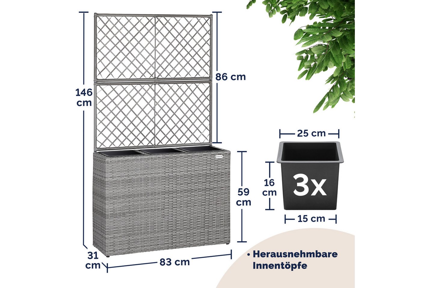 Casaria Blumenkasten, Blumenkasten Rankgitter 3 Innentöpfe Polyrattangeflecht Rankhilfe – Bild 3 von 5