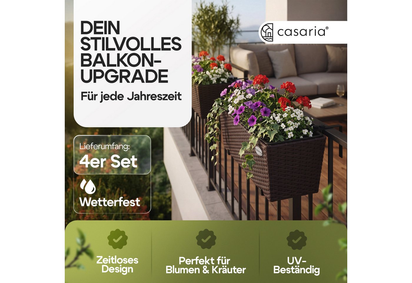 Casaria Blumenkasten, 4er Set 11 Liter Montagehalterung Indoor Outdoor Geländerkasten – Bild 2 von 5