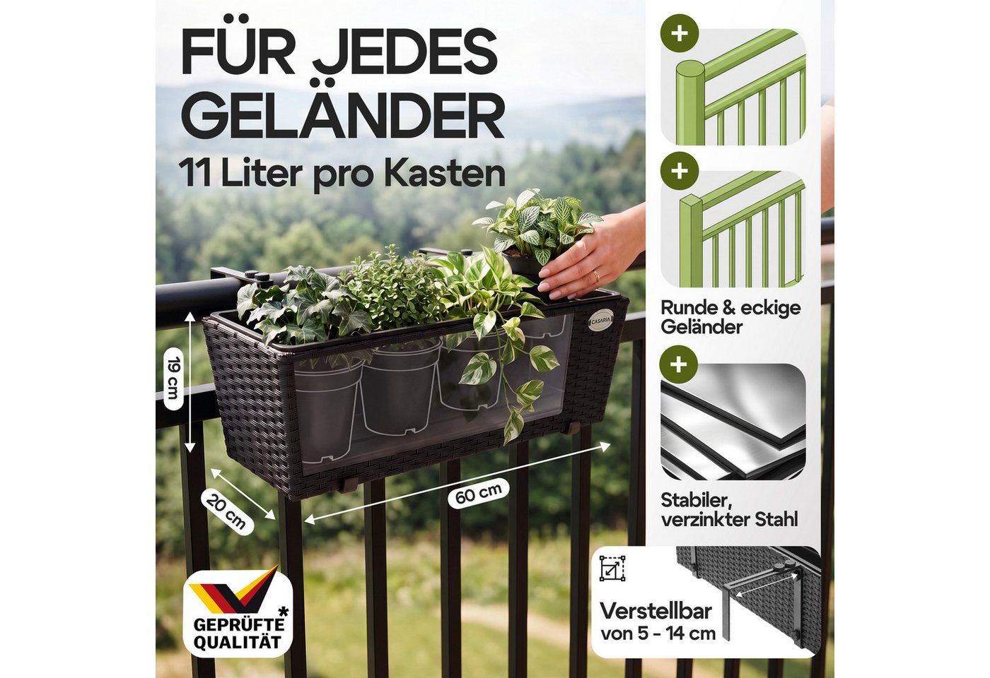 Casaria Blumenkasten, 4er Set 11 Liter Montagehalterung Indoor Outdoor Geländerkasten – Bild 3 von 5