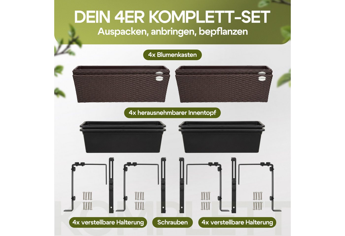 Casaria Blumenkasten, 4er Set 11 Liter Montagehalterung Indoor Outdoor Geländerkasten – Bild 4 von 5