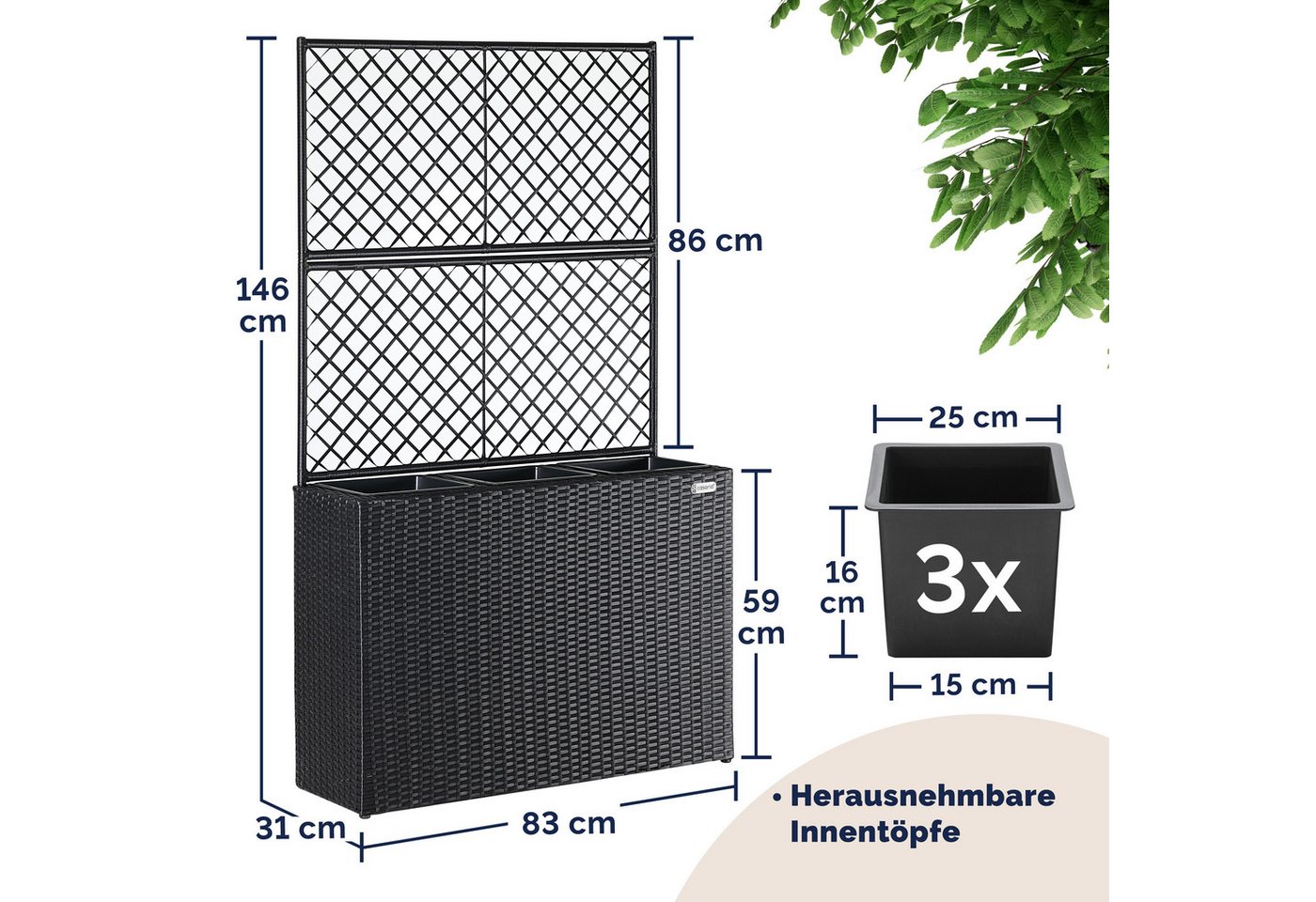 Casaria Blumenkasten, 3 Innentöpfe Rankgitter Polyrattangeflecht Rankhilfe – Bild 3 von 5
