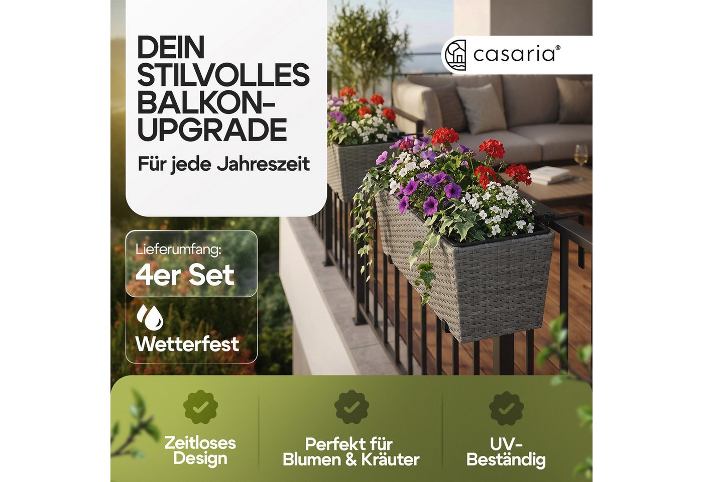Casaria Blumenkasten, 4er Set 11 Liter Montagehalterung Indoor Outdoor Geländerkasten – Bild 2 von 5