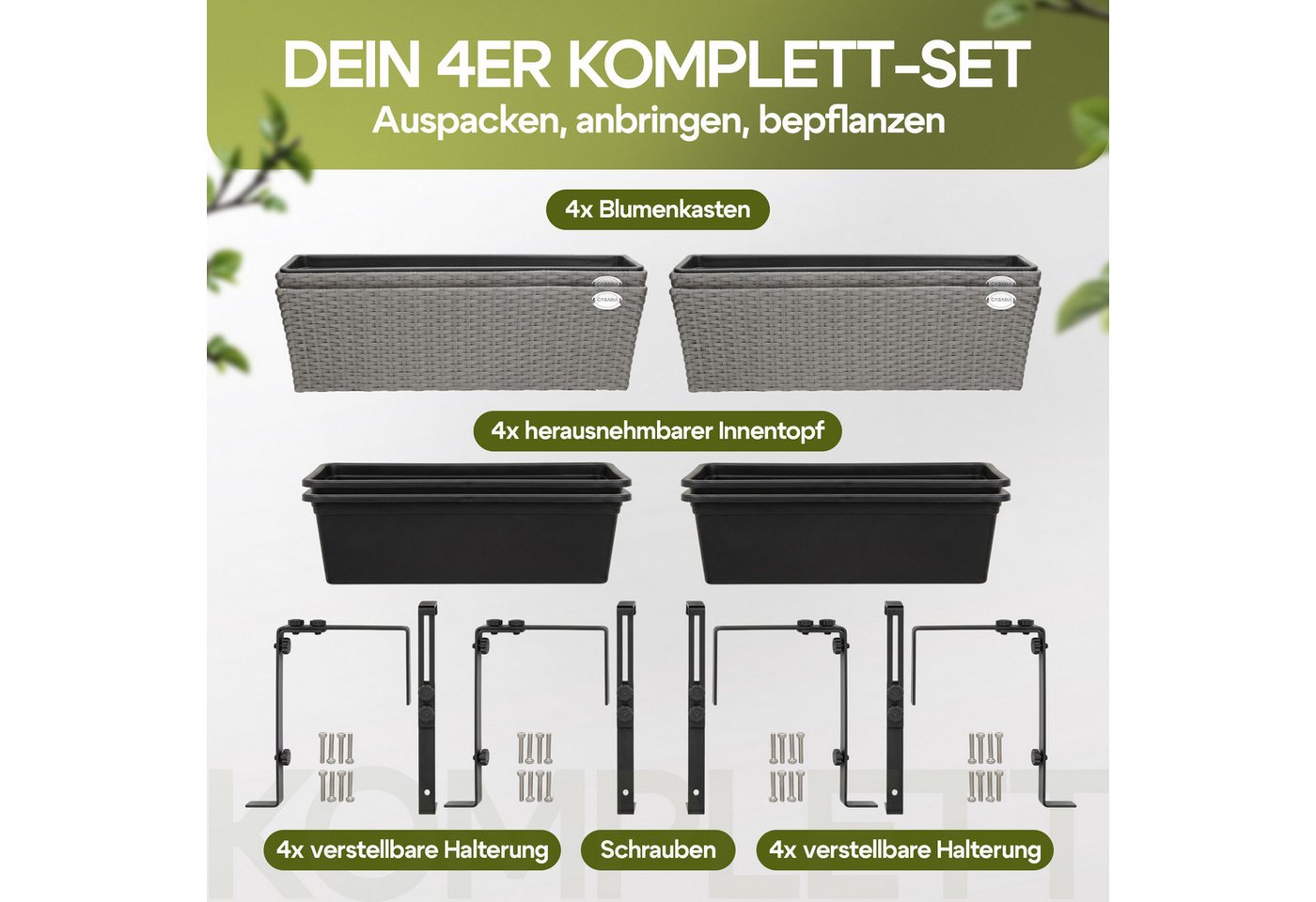 Casaria Blumenkasten, 4er Set 11 Liter Montagehalterung Indoor Outdoor Geländerkasten – Bild 4 von 5